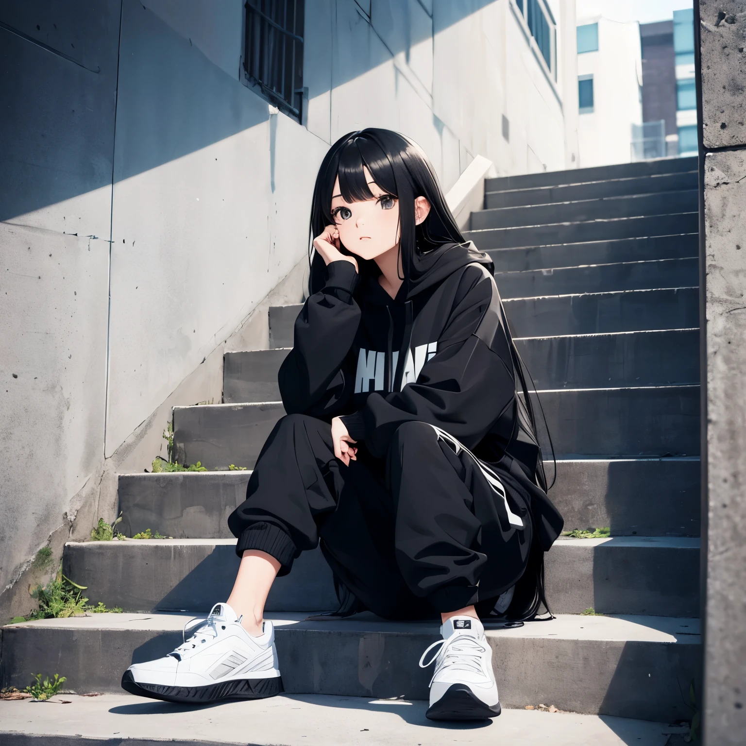 A beautiful and cute girl, long black hair, black and white hoodie, trousers, sneakers, decent, tall, sit, stairs