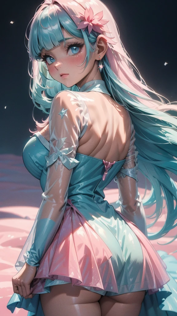 (fluorescent colors:1.4),(translucent:1.4),(retro filters:1.4), (fantasy:1.4), candy world Disney land ethereal soft fluffy soft landscape forest snowavatar Pastel pink sky green blue sparkle ethereal light pastel whimsical light rainbow stars diamonds sparkle gemstone background hyper realistic Ultra quality cinematic lighting immense detail Full hd painting Well lit,diagonal bangs, , collared dress,on side, masterpiece, best quality,realskin,(portrait:1.5), 1girl, blunt bangs, long hair, back view