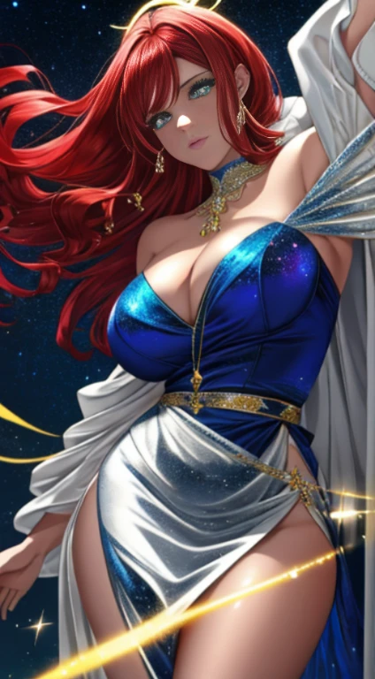 (simple hands:0.5)+(detailed hands:0.7), (trabalho), (best quality), cabelos vermelhos, Olhos vermelhos,1girl, cabelo vermelho, red hair pale skin, cabelos vermelhos, cabelos ruivos Olhos vermelhos, cabelo de dois tons, Cilia, pulseira, jewelries, sorrir, pele reluzente, cabelos brilhantes, Palco detalhado e majestoso, fantasia, Cabelos Longos, 1 girl, Cabelos em dois tons vermelhos, night sky, Incredibly detailed CG illustration masterpiece, looking towards you, anime, belos olhos de anime, belos olhos detalhados, olho, olhos brilhantes, Olhos vermelhos, galaxy, nebula, (corpo inteiro), (Curvy), Pov, decote molhado, (coxas grossas), 4K HD | | | | |, ultra realistic, corpo perfeito, Perfect lips, nariz perfeito, olhos perfeitos, Looking at the Viewer, vestir, Vestido elegante, vestido macio, vestido longo, Neon light, neon lights, cores brilhantes, vestido detalhado, Vestido neon, Vestido elegante, (strapless dress), (vestido sem mangas), vestido branco, vestido de noiva, Gold-Trim, Isso, angelic, halo