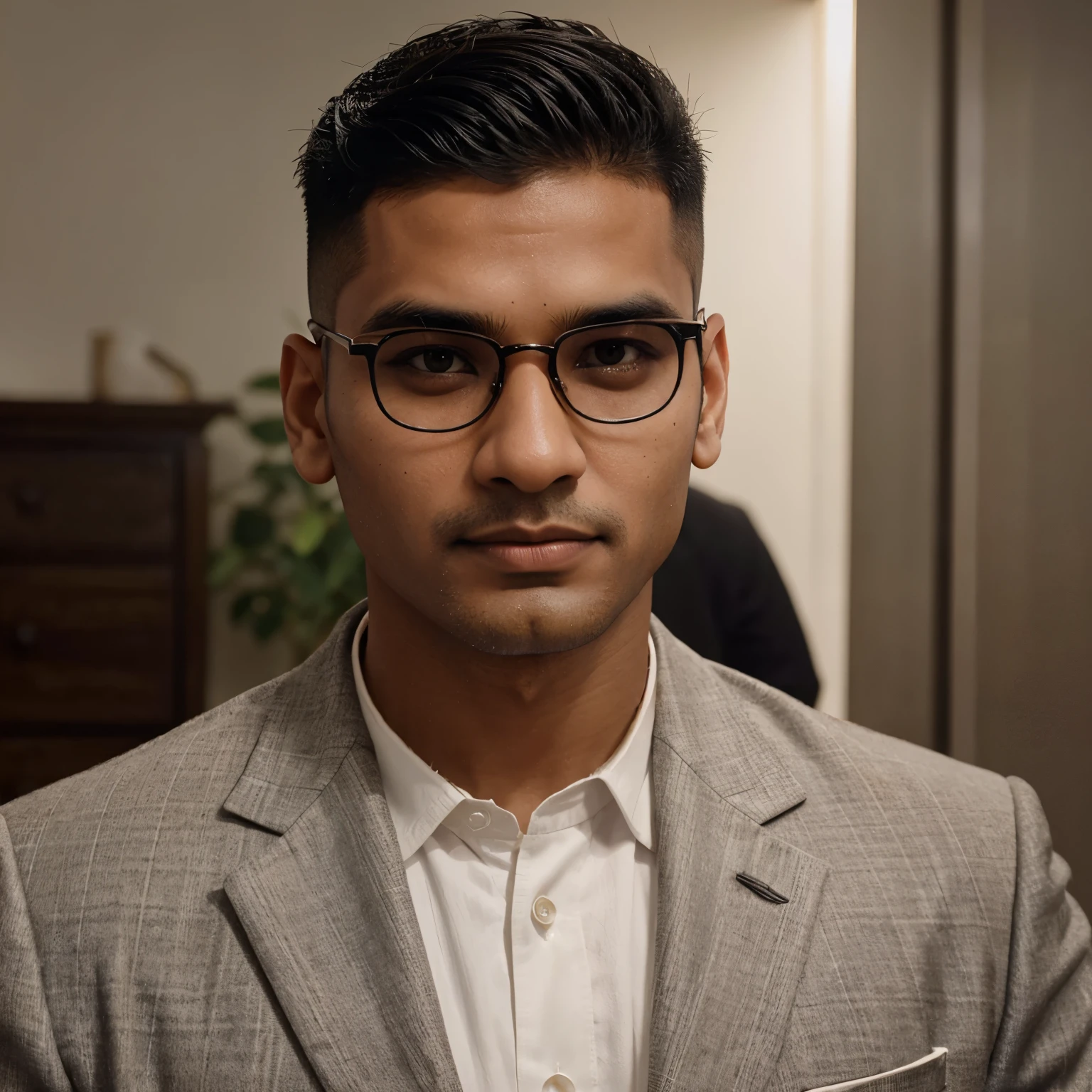 Indian man,28 years of age, spectacles, skin fade haircut, shorter hairstyle, spiked up hair.  looking at the camera,cute,smart, wearing suit, realistic,8k,hyper realistic, clean shave, lighter skin tone