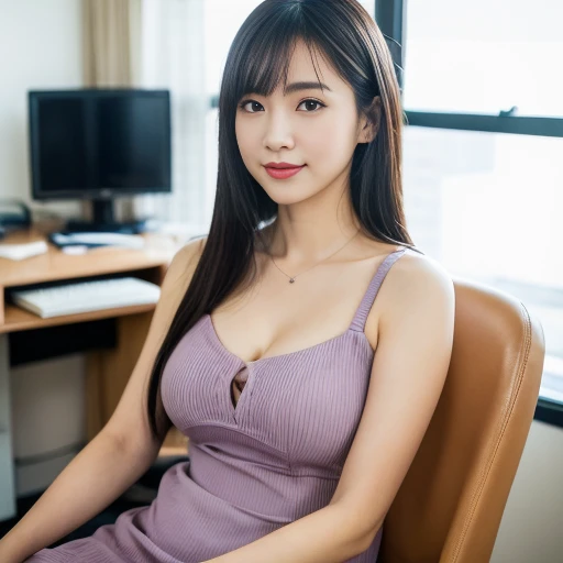 masterpiece、highest quality、16K、High resolution、UHD，Depth of the bounds written、soft light、professional lighting、Pale shading、Weak contrast、Japanese、beautiful girl、daytime office、Window seat、sitting in front of the computer、naked, skirt、micro mooth and beautiful thighs:1.6）、(((small breast, naked)))、Faint cleavage、fine and beautiful eyes、（cute hanging eyes）、（thin eyebrows）、（thin lips）、gentle smile、(long wavy hair、high ponytail),(The bangs are see-through bangs)、