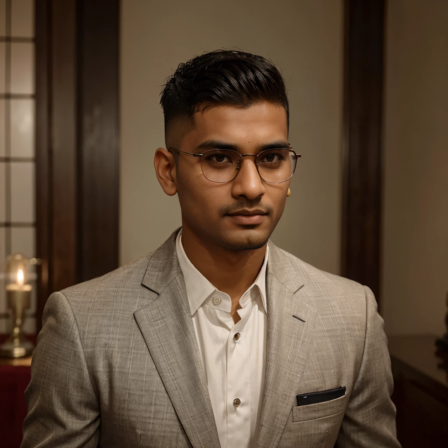 Indian man,28 years of age, spectacles, skin fade haircut, shorter hairstyle, spiked up hair.  looking at the camera,cute,smart, wearing suit, realistic,8k,hyper realistic, clean shave, lighter skin tone