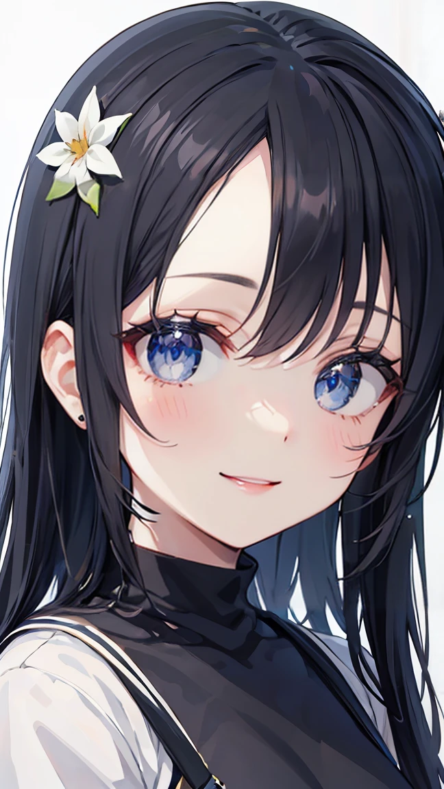 Anime girl with long black hair in white shirt and flower crown, beautiful anime portrait, stunning anime face portraits, beautiful anime girl, cute realistic portrait, Detailed portrait of anime girl, portrait anime girl, Realistic anime 3d style, realistic young anime girl, realistic anime art style, young anime girl, anime realism style, realistic anime art style  