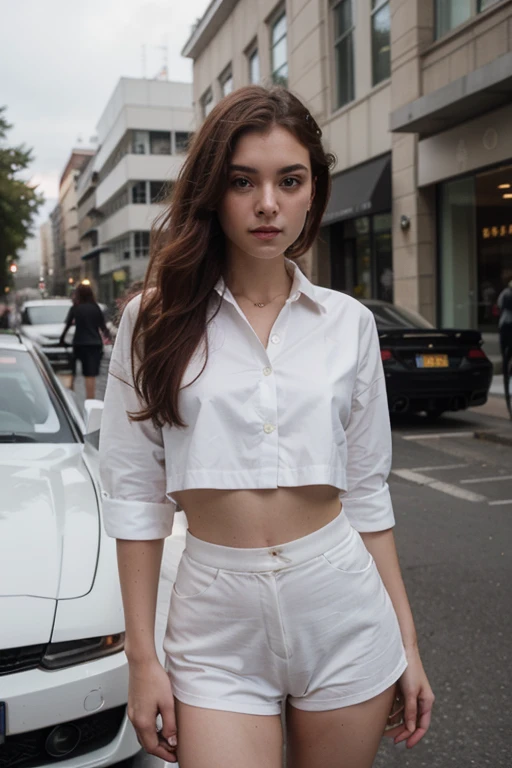 photography of a 20yo woman, white clothes perfect face, masterpiece, red hairs white shirt, on the street with supercars behind