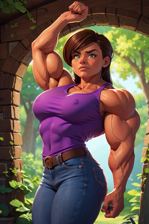 muscle girl with High cheekbones and a strong jawlineflexing muscles wearing purple muscle shirt and light blue jeans, her hair a rich chestnut brown, giving her a dynamic and youthful appearance, muscle woman, big muscles, huge muscles, massive muscles, muscle girl, bronze skin, Her facial features are a mix of determination and kindness, with expressive eyes that radiate a sense of adventure