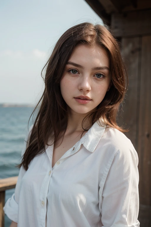 photography of a 20yo woman, white clothes perfect face, masterpiece, red hairs white shirt, on sea wiev