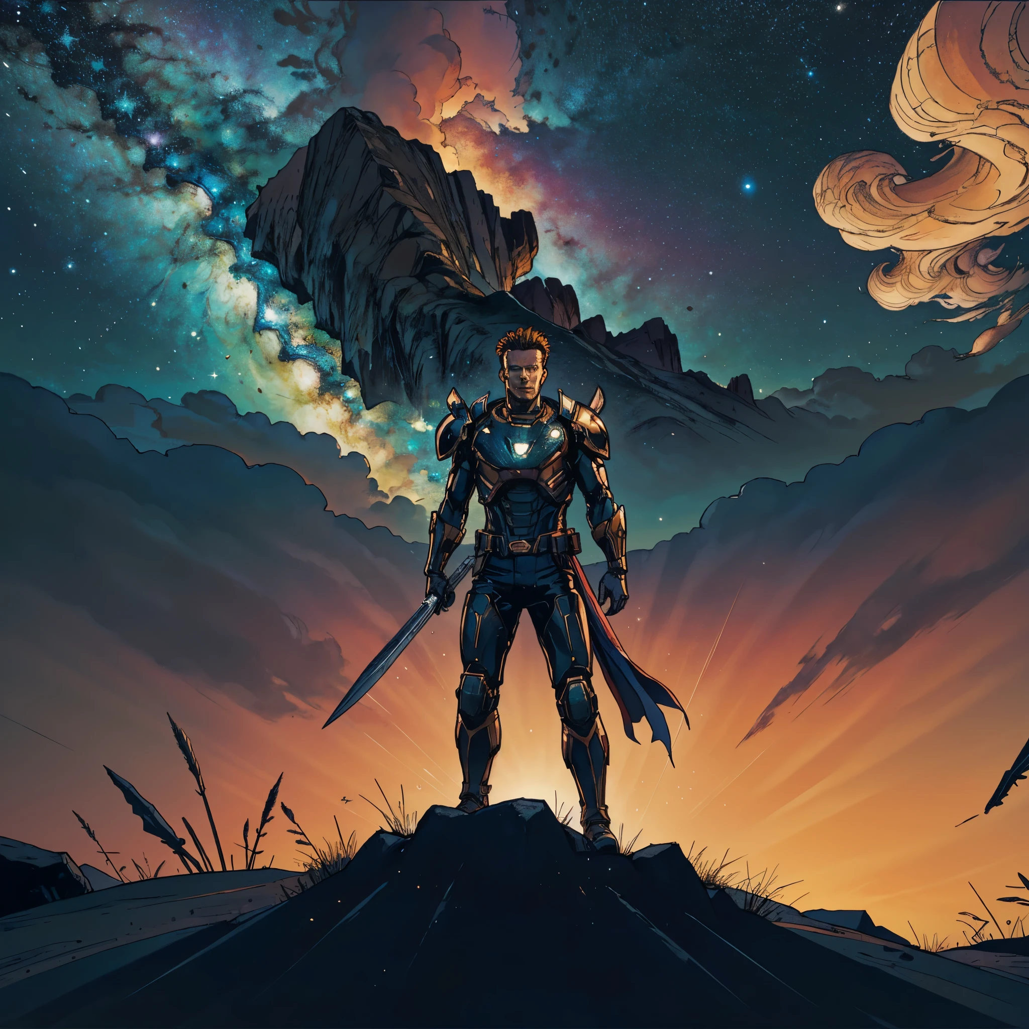 (Galaxy stars Nebula Spacious Sunrise evening_glow distant_view Sunset rich_colors colorful wide-angle_lens shooting_evening positive_film naturalistic_style) Create a digital art masterpiece depicting a fearless and battle-worn dragon slayer standing defiantly before an imposing, fire-breathing dragon. The dragon slayer should exude confidence, wielding a legendary weapon with intricate details and adorned in battle-scarred armor. The dragon should be a formidable force, its scales reflecting the glow of its fiery breath. Set the scene against a dramatic backdrop that captures the intensity of this showdown between the last of the dragon slayers and the majestic beast, showcasing the clash of two legendary forces in an epic fantasy world. Will-o'-the-wisp dazzling Symmetrical optimal bright_color dappled_sunLight meticulously intricate ultra_high-details ultra_high-res hyper pro-Photo-realistic ultra_high-quality ultra_high-def UHD XT3 DSLR HDR extreme improved Octane-rendered opengl-shaders glsl-shader romm rgb pbr shading 3DCG fxaa global illumination cgi vfx sfx fkaa txaa rtx ssao post-processing post-production cell-shading tone-mapping Ultra_sharpness focus accurate max saturate reflex analogique Vivid DSLR color-coded luminescence volumetric Cinematic_Sunrise lightning contrast incandescent Cristallines floraison zentangle fleuraison varied multi etc. --v 6 --s 1000 --c 20 --q 20 --chaos 100