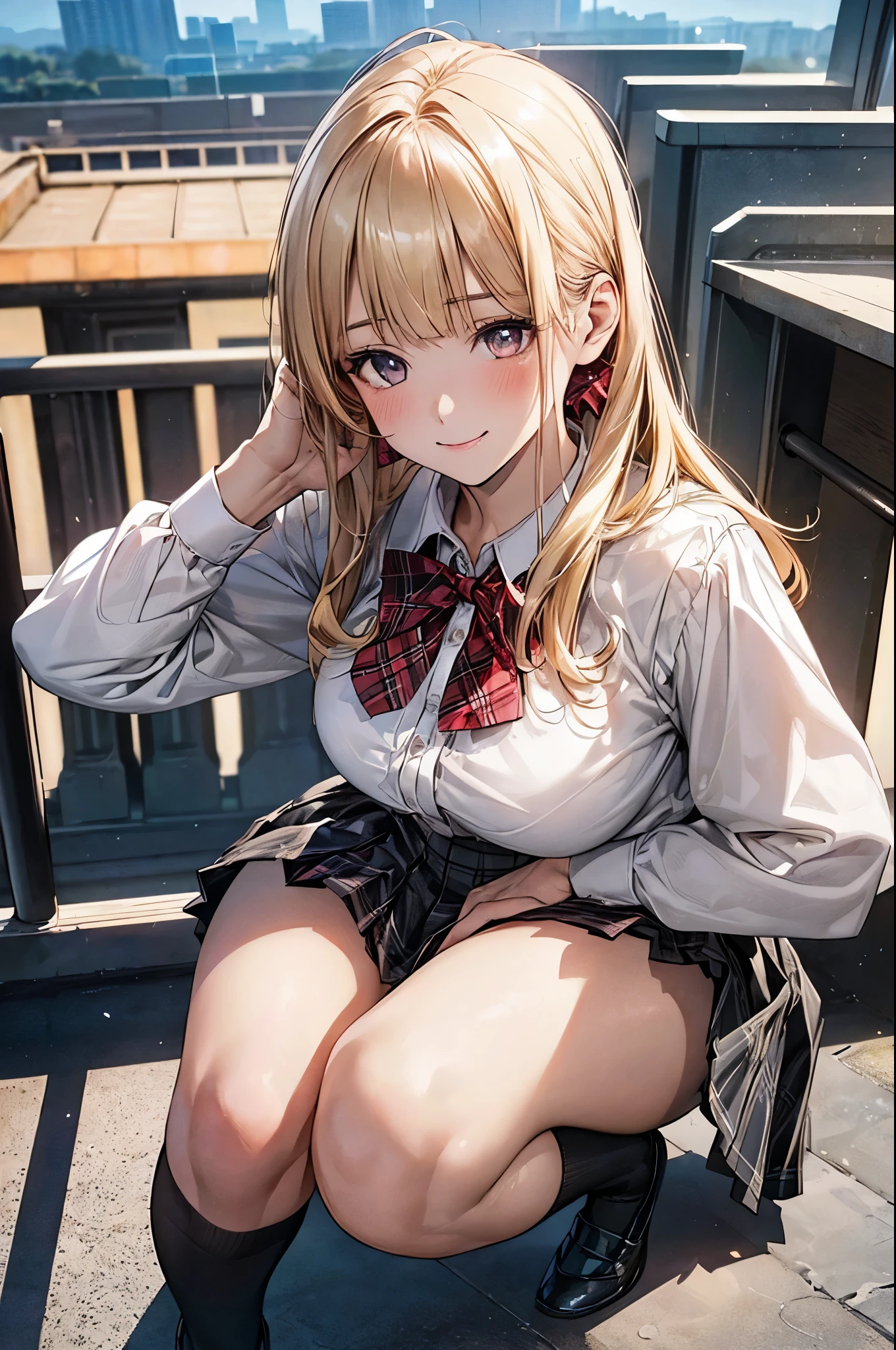 (masterpiece:1.2, top-quality), (realistic, photorealistic:1.4), beautiful illustration, (natural side lighting, movie lighting), nsfw,
looking at viewer, cowboy shot, front view:0.6, 1 girl, japanese, high school girl, perfect face, cute and symmetrical face, shiny skin,
(long hair:1.2, half updo:1.4, blond hair), blunt bangs, gold eyes, drooping eyes, long eye lasher, (large breasts:0.6), bottomless,
beautiful hair, beautiful face, beautiful detailed eyes, beautiful clavicle, beautiful body, beautiful chest, beautiful thigh, beautiful legs, beautiful fingers,
((white collared shirts, grey pleated skirt, black socks, red plaid bow tie), pink panty),
(beautiful scenery), morning, school rooftop, squatting, raise leg, (lovely smile, upper eyes),