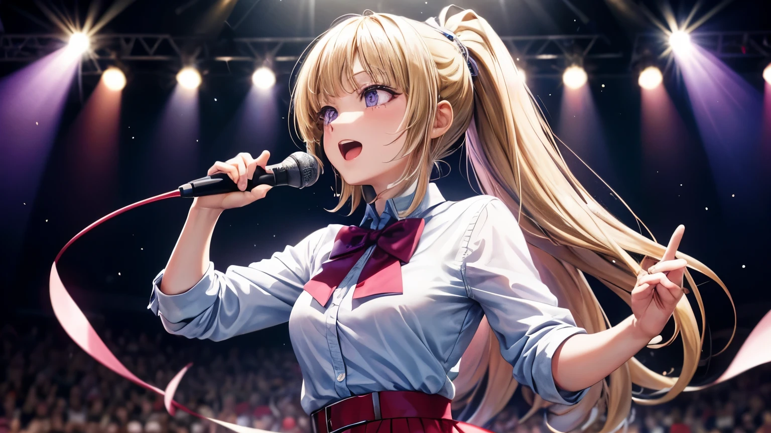 A girl with a ponytail named Kei Karuizawa stands on stage during a concert. She has beautiful blonde hair and captivating purple eyes. Kei is wearing a school uniform consisting of a white skirt and a red coat. She holds a microphone in her hand as she sings passionately. The scene is in high-definition quality and can be used as a wallpaper. The atmosphere is vibrant and filled with excitement as Kei performs her masterpiece.