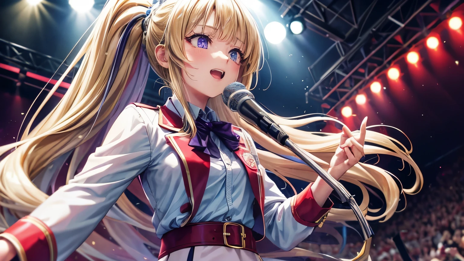 A girl with a ponytail named Kei Karuizawa stands on stage during a concert. She has beautiful blonde hair and captivating purple eyes. Kei is wearing a school uniform consisting of a white skirt and a red coat. She holds a microphone in her hand as she sings passionately. The scene is in high-definition quality and can be used as a wallpaper. The atmosphere is vibrant and filled with excitement as Kei performs her masterpiece.