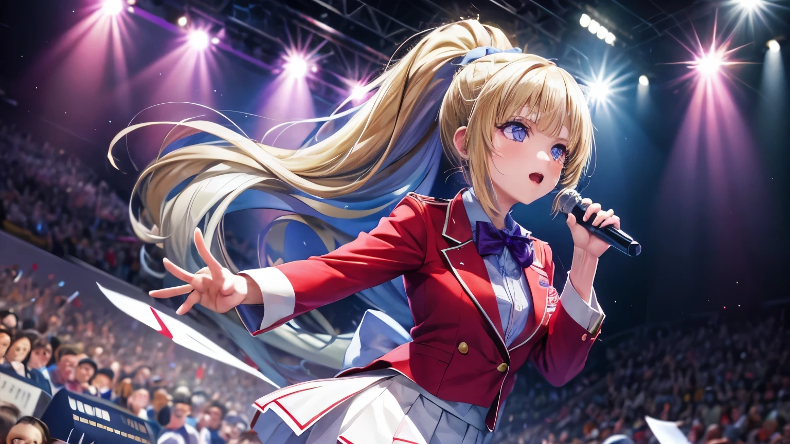 A girl with a ponytail named Kei Karuizawa stands on stage during a concert. She has beautiful blonde hair and captivating purple eyes. Kei is wearing a school uniform consisting of a white skirt and a red coat. She holds a microphone in her hand as she sings passionately. The scene is in high-definition quality and can be used as a wallpaper. The atmosphere is vibrant and filled with excitement as Kei performs her masterpiece. Hero eyes look at the viewers