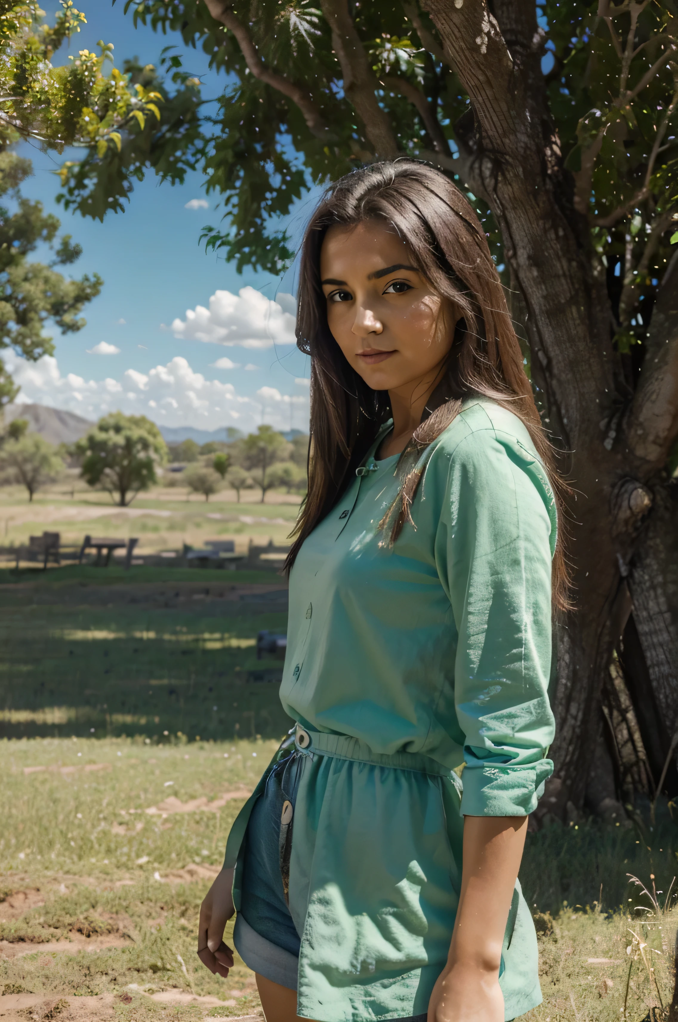 chica en un paisaje, campo verde, sentada, magic colors, a tree on the left side.