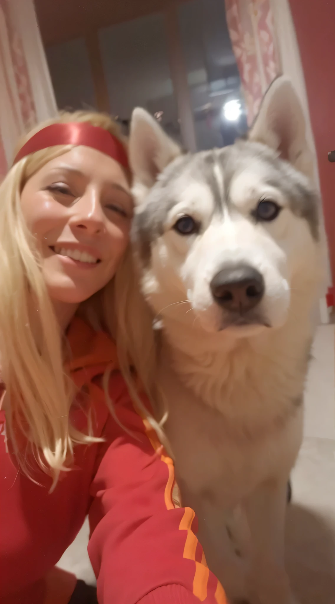 woman with red headband and red sweatshirt posing with a husky dog, riding a giant silver wolf, husky in shiny armor, siberian husky, husky, profile image, by Romain brook, husky dog, princess mononoke inspired, selfie of a dog, super, miko, by Emma Andijewska, grand!, with dogs, exclusive, hi, profile pic,fish eye view