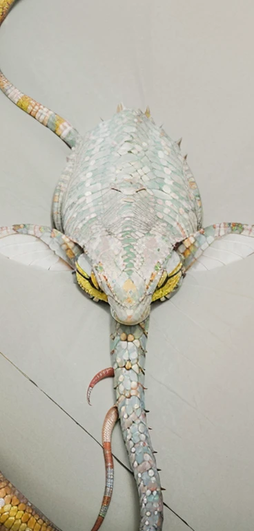 reptile texture snake with red horns all over the body and thorns it has a head with arthropod shells and a green and blue myriapod belly these eyes are very big and yellow and these ears have fins