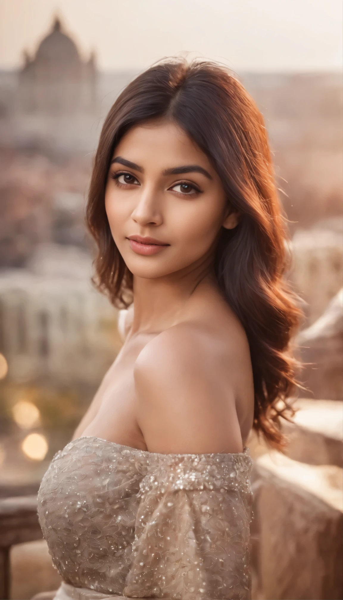 8k, hd, hyper-detailed, realistic beautiful indian woman around 25 years old, as human as possible, curvy and thicc bodywith bangs, smooth straight hair with no waves, about long length, light brown color, upper body composition with the city in the background, posing a bit, clothes that look like spring. With a smile