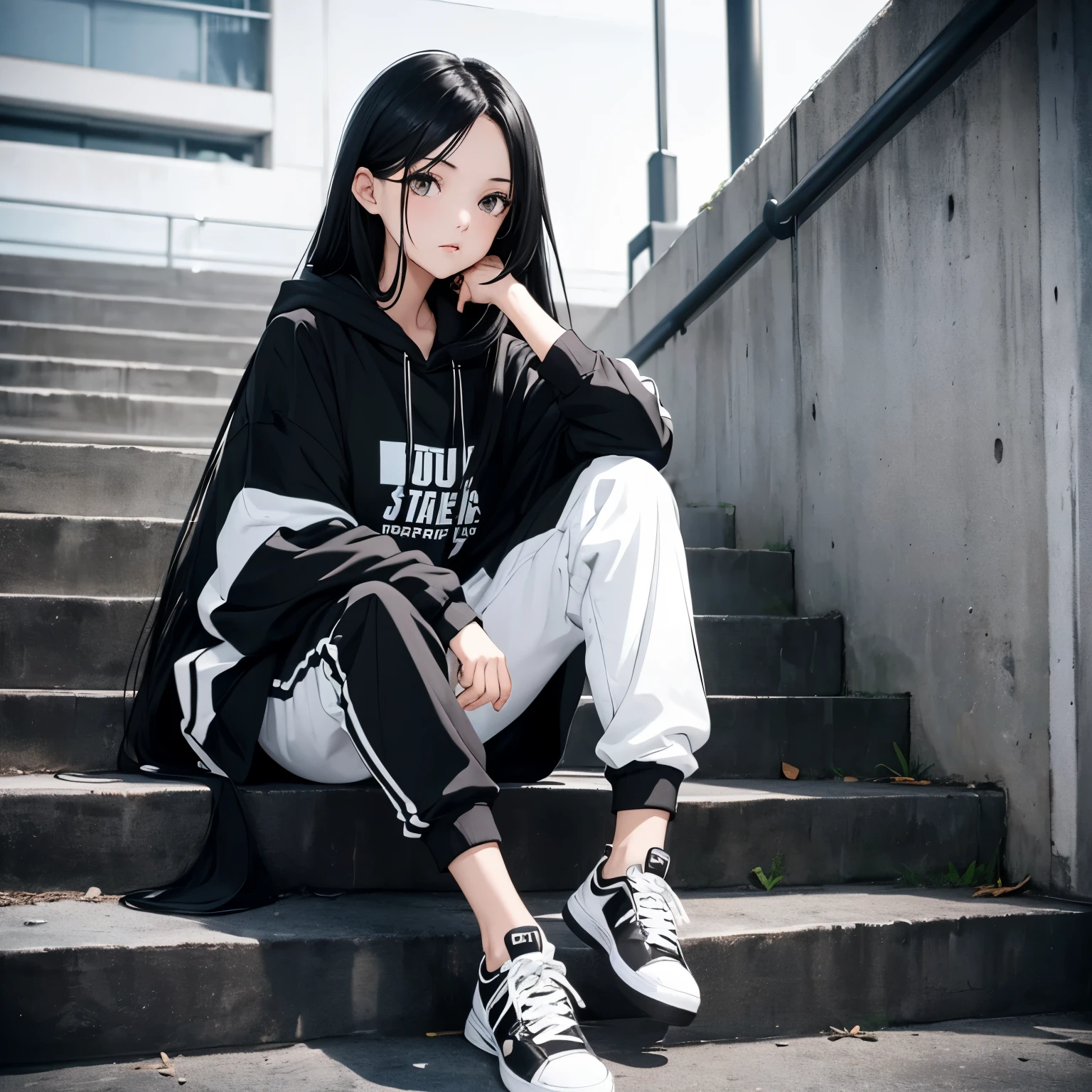 A beautiful and cute girl, long black hair, black and white hoodie, trousers, sneakers, decent, tall, sit, stairs