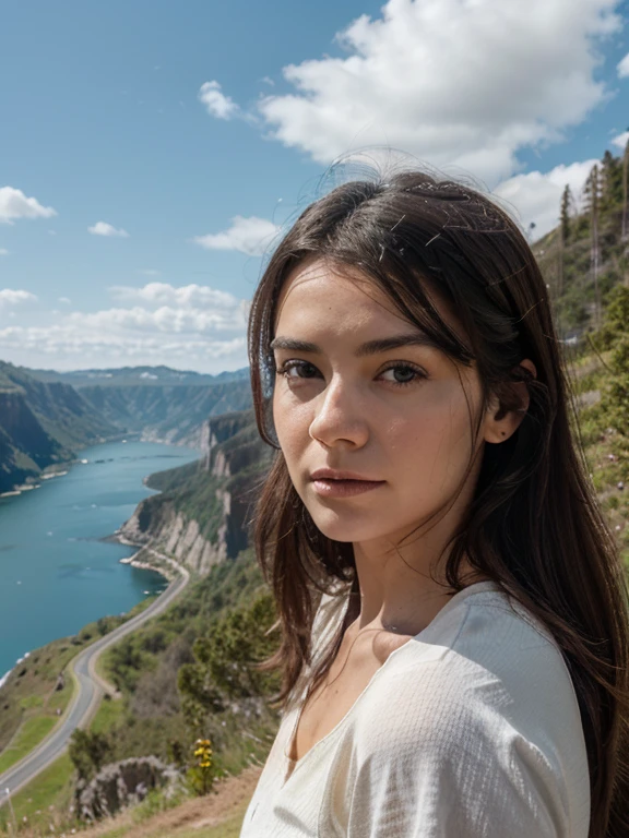 ultra realistic portrait of a highway view at the edge of a cliff, behind which you can see a blue lake, there are several trees and mountains as well as white clouds, blue sky, close up, realistic shooting. looks real, photography, real picture.