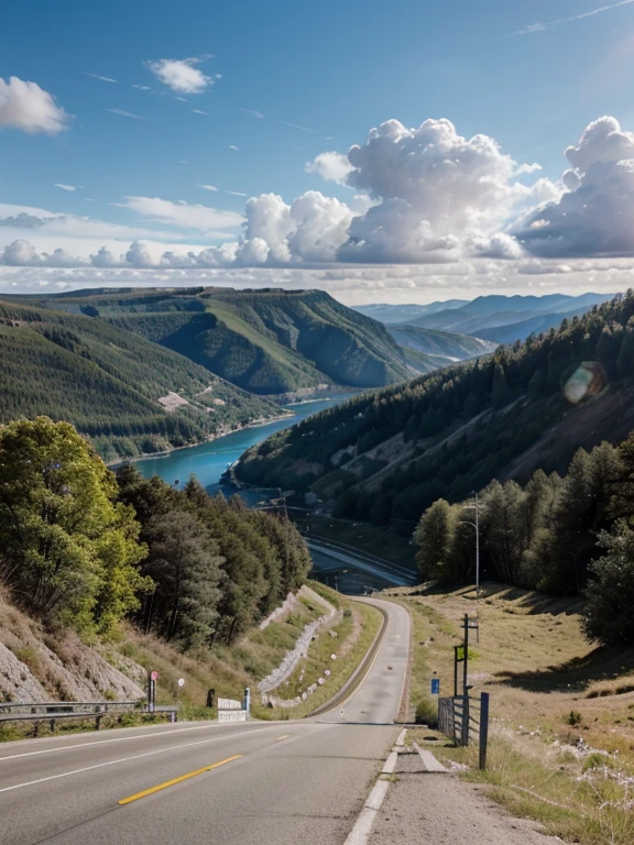 ultra realistic portrait of a highway view at the edge of a cliff, behind which you can see a blue lake, there are several trees and mountains as well as white clouds, blue sky, close up, realistic shooting. looks real, photography, real picture.