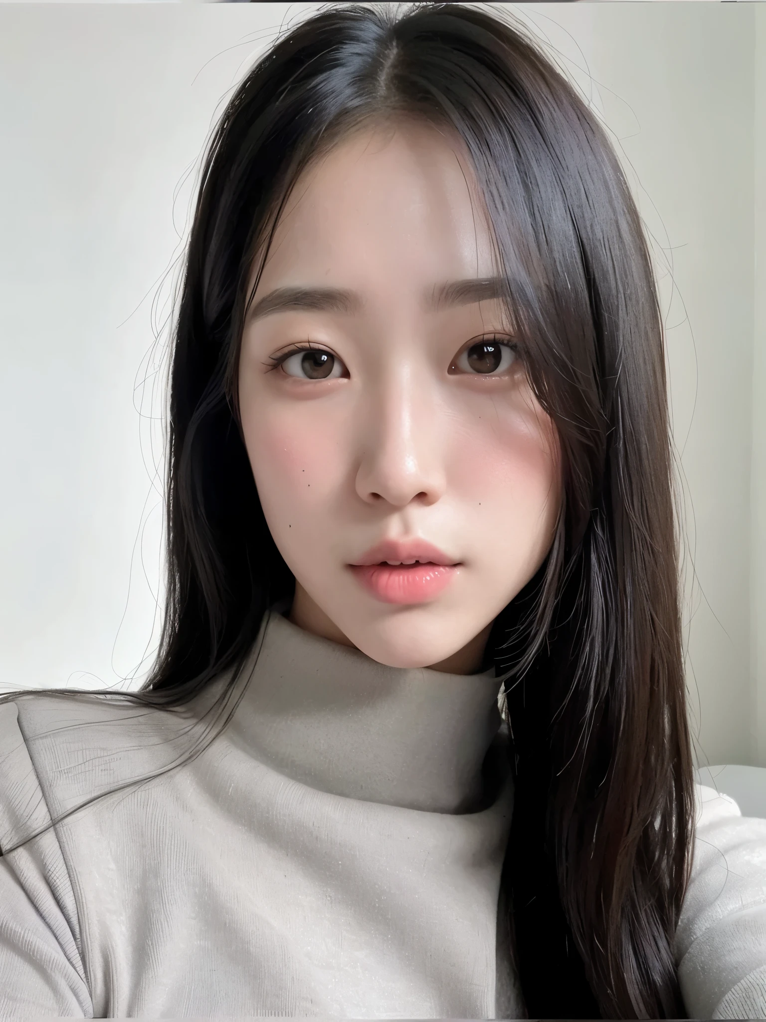A closeup of a woman with long hair wearing a turtleneck sweater, jaeyeon nam, heonhwa choe, joven y adorable rostro coreano, Jinyoung Shin, lee ji - eun, lee ji-eun, ulzzang, korean symmetrical face, muchacha coreana, hermosa mujer surcoreana, aparcar desde-min, Young cute pale asian face, pale korean adorable face