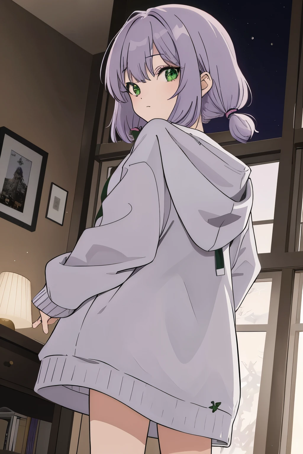 Scene View,null,anime style,night, Curtsey,(Light purple hair)、medium hair、large round green eyes、winter scenery,highest quality、Multicolored hair、((indoor))、white hoodie,low twintails,from below、portrait,looking back