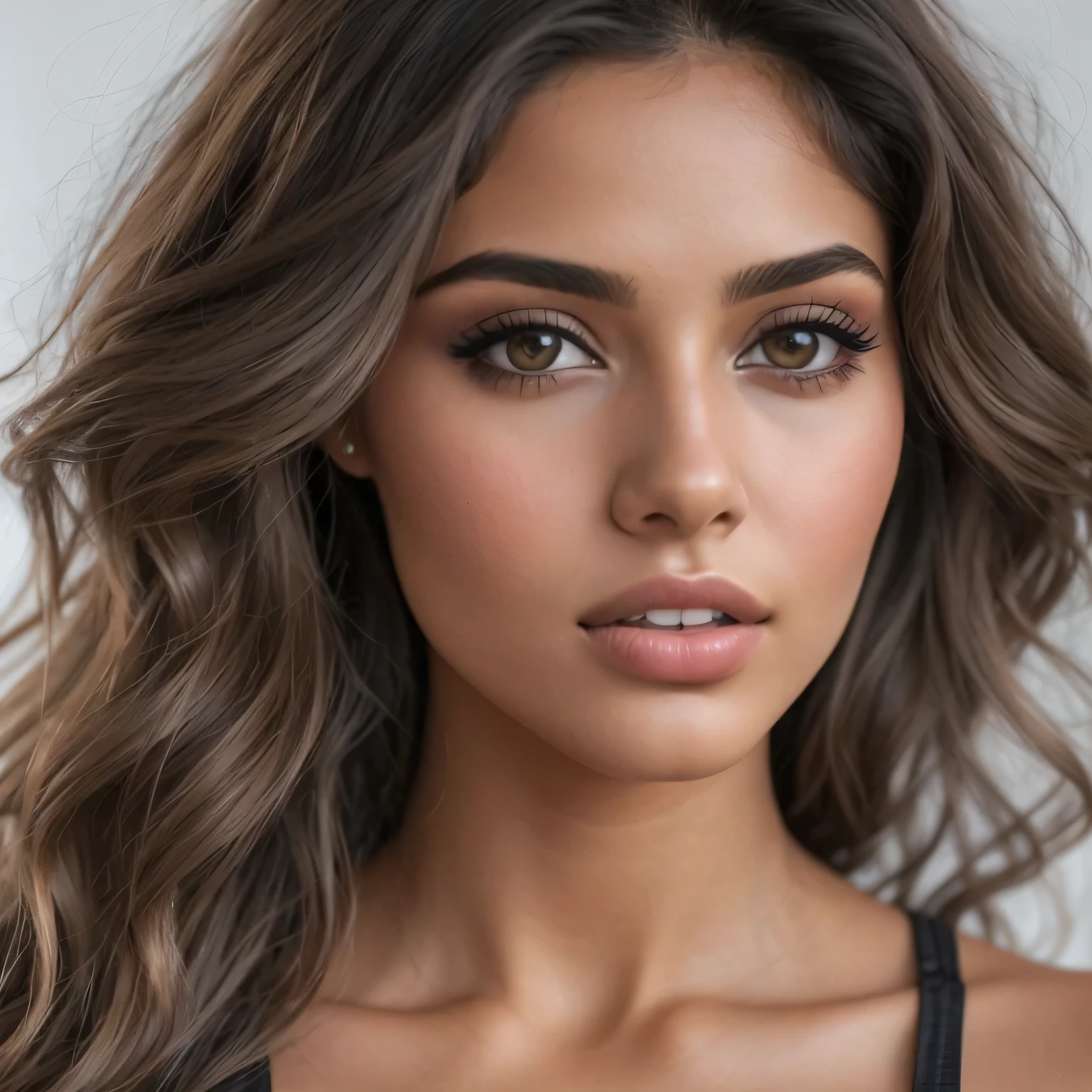 Eine Nahaufnahme einer Frau mit sehr langen Haaren, flawless Olivenhaut, Beautiful Latina face, Indian girl with brown skin, Sie hat olivbraune Haut, Gorgeous woman, Photo of a beautiful woman, attraktive Frau, Beautiful Mexican woman, beautiful female model, beautiful beautiful woman, Extremely beautiful face, Olivenhaut, Portrait of Sophie Mudd, Olivenhautned, Beautiful young woman