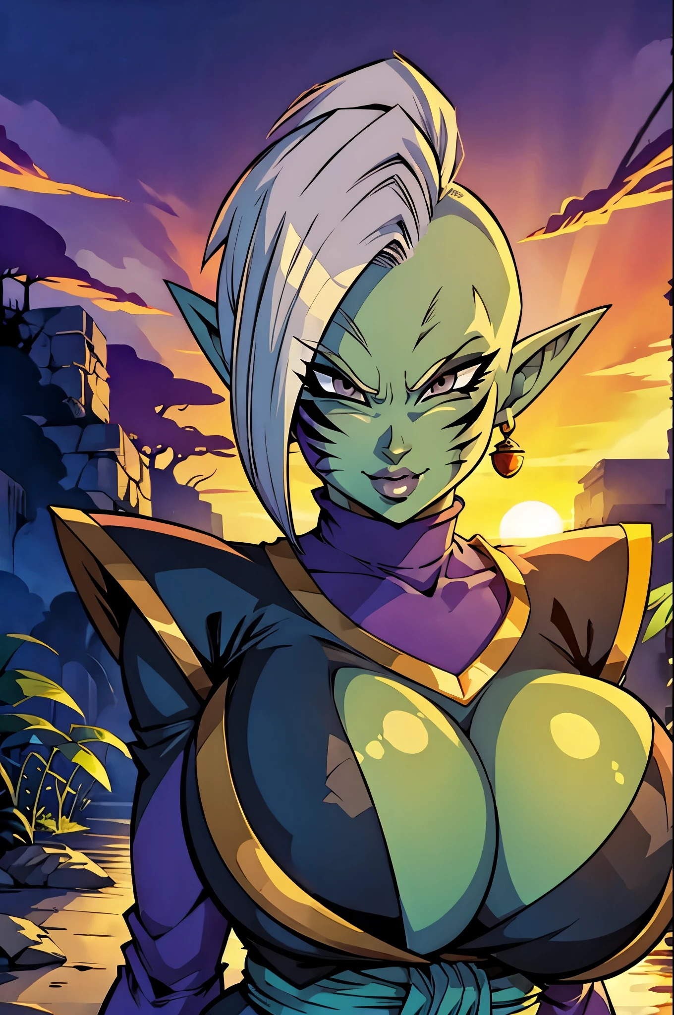 Zamasu female huge breasts sexy tribal face paint warrior short hair thick lips holding spear in jungle sunset cute face