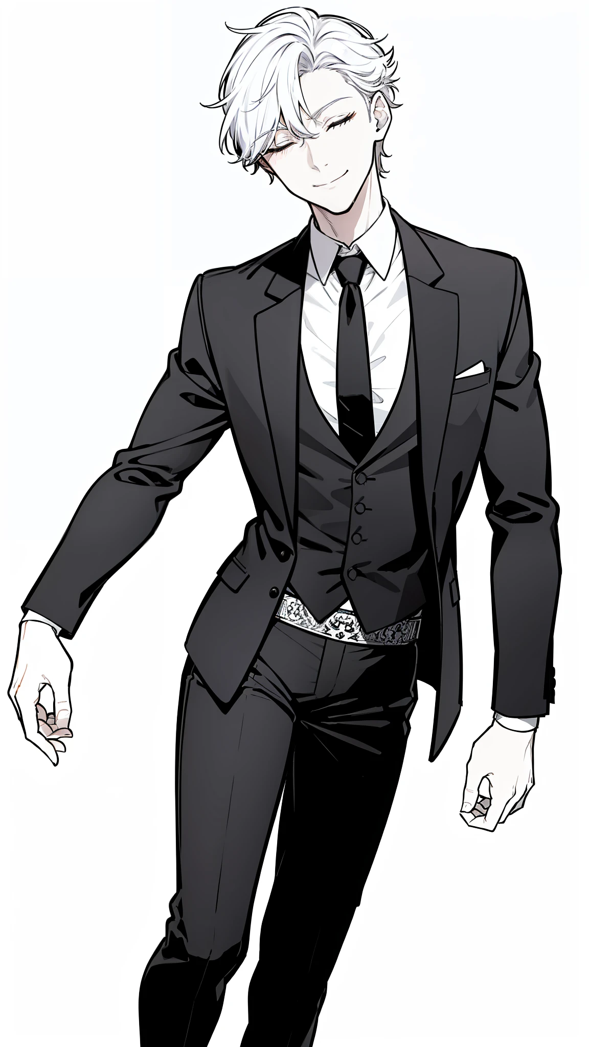 1boy,20s,wearing a black blazer,black shirt,tight shirt,black standard tie,black pants,Short hair,white hair,sexy,smile,closed eyes,(white background, line drawing),cowboy shot,