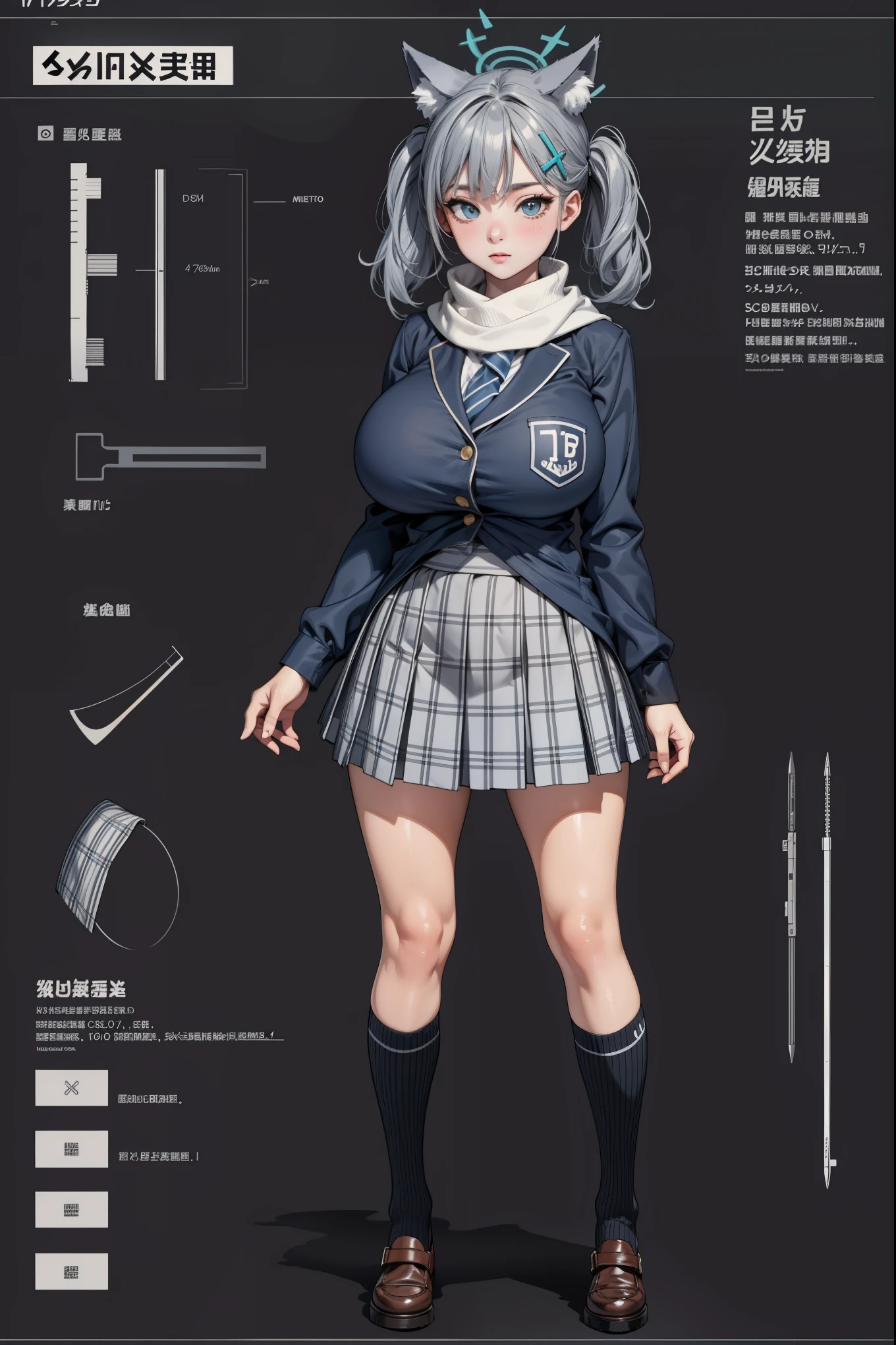 girl, solo, full body, from head to toe, standing, (Huge_Breasts:1.3), beautiful body, perfect body, nice body,

((Character Design Sheet:1.7, character reference sheet:1.7,)),

shiroko, animal ears, blue eyes, grey hair, hair ornament, hairpin, halo, medium hair, wolf ears, checkered clothes, checkered skirt, school uniform, skirt, scarf,