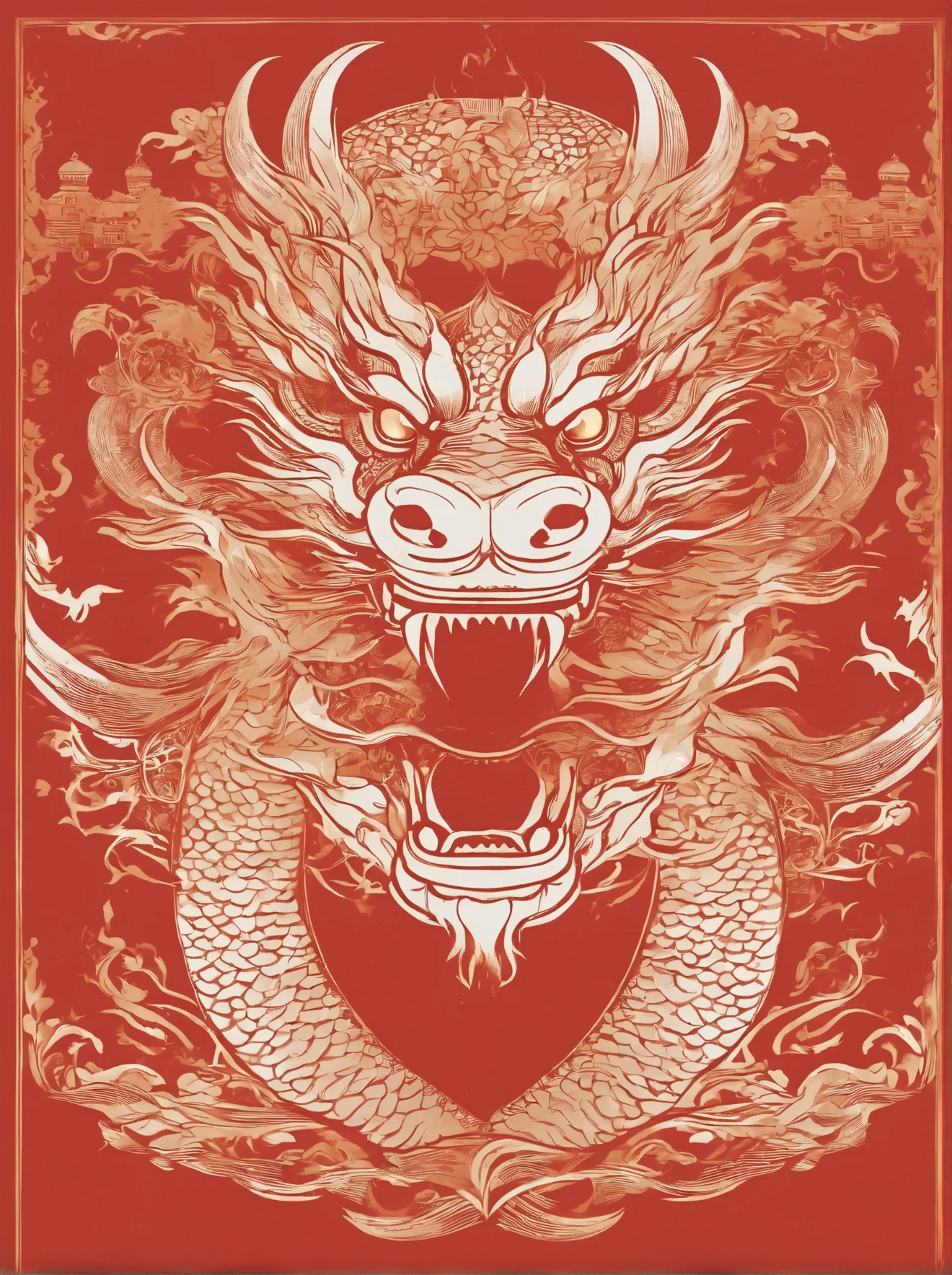 balgaviin white gold chinese dragon Kongming lantern, in the style of emphasis on negative space, light red and gold, graphic novel inspired illustrations, close up intensity, silkscreening, political illustration, iconic album covers,solo,龙嘴,龙爪,四肢