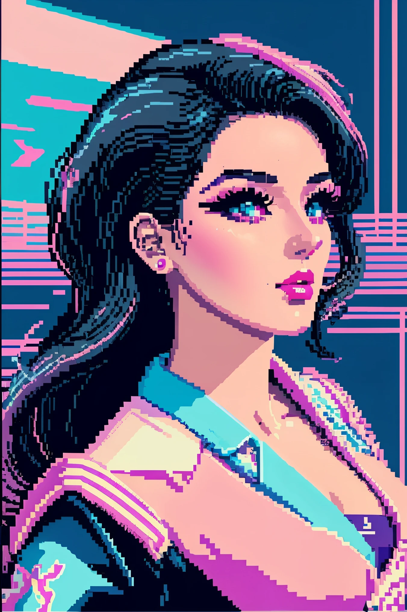 pixel style，pixelart,vaporwave style，vaporwave aesthetics，1Beauty with long wavy black hair，makeup,red lipstick，Eyes look upwards，from the front，above shoulder，hazy street background