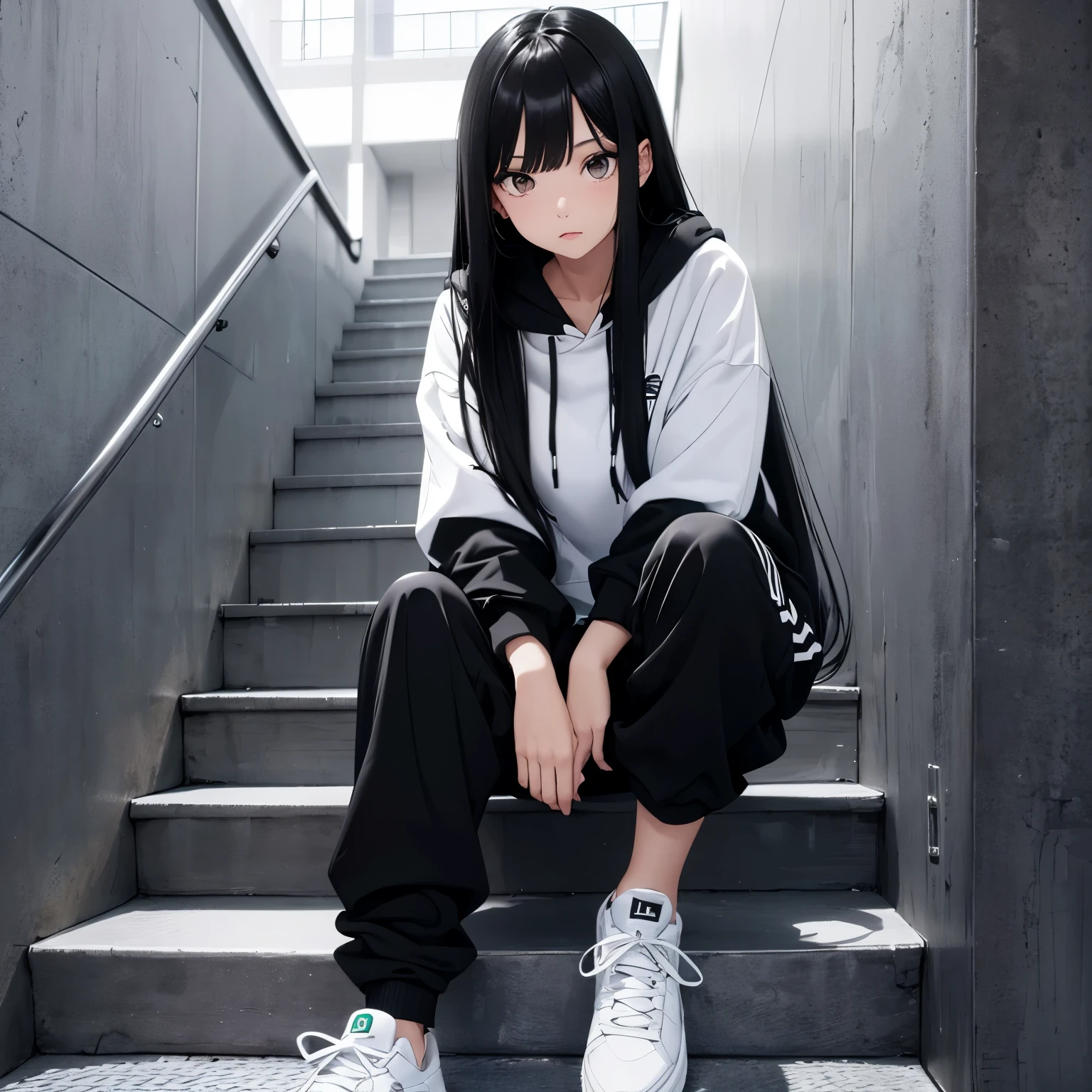 A beautiful and cute girl, long black hair, black and white hoodie, trousers, sneakers, decent, tall, sit, stairs