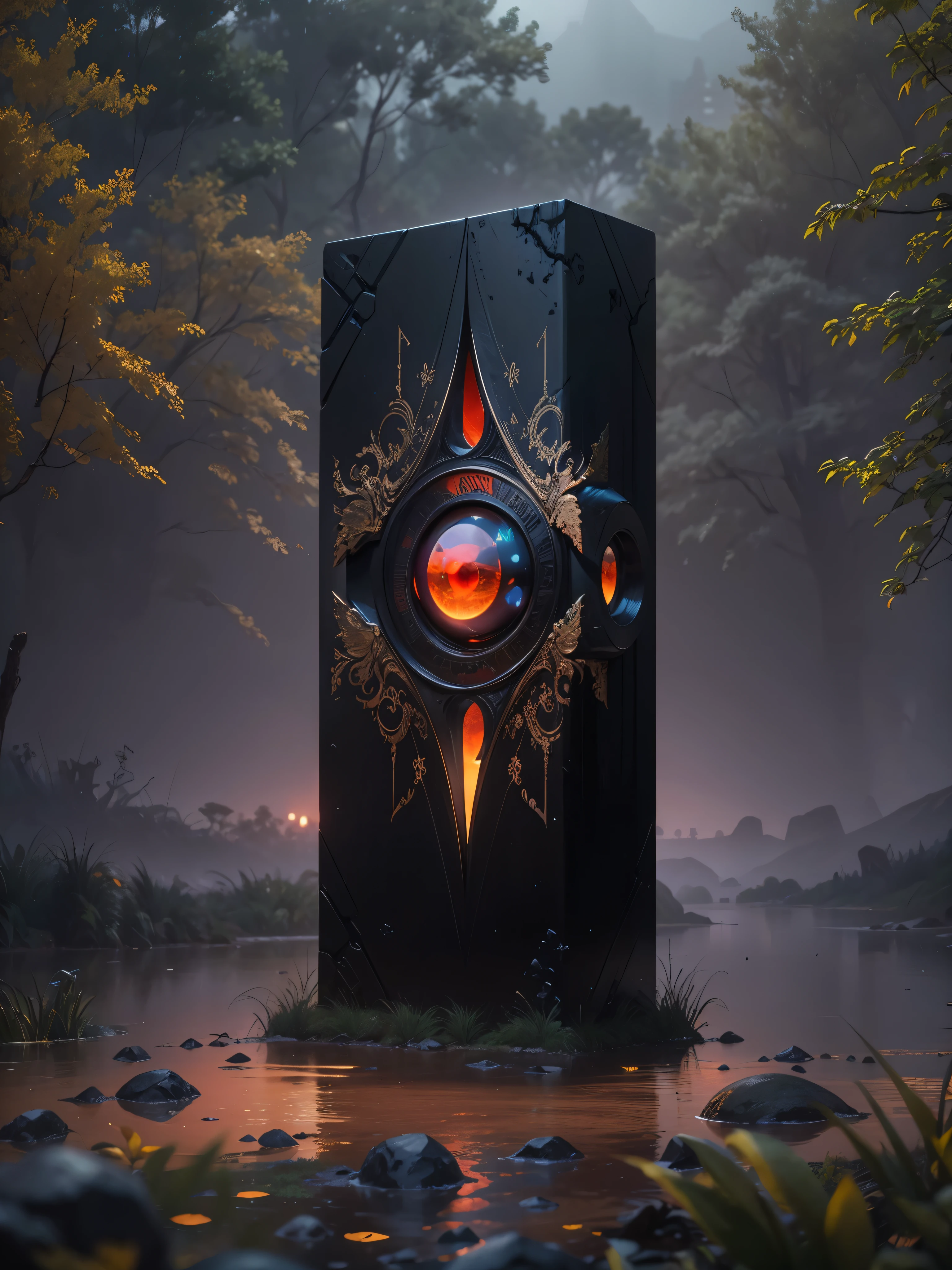 Smooth black metallic monolith, mas em forma de livro visto de frente, with multicolored dragon eye. No meio do olho a carta "S" na cor vermelho escuro, HDR, RGB, Altamente realista, cores vivas refletem, trends in Artstation, sharp focus, studio photo, detcomerls intrincados, altamente descomercializado,