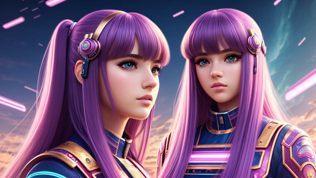 Masterpiece, Top Quality, Super Detail, 8K, 1girl, blunt bangs, long hair, vaportrap, retro-futurism background,