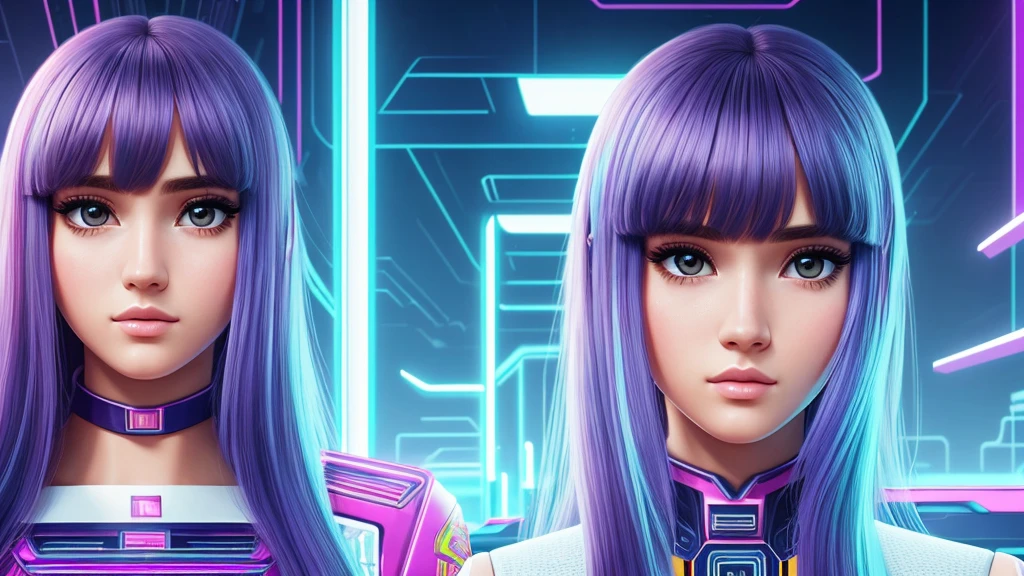 Masterpiece, Top Quality, Super Detail, 8K, 1girl, blunt bangs, long hair, vaportrap, retro-futurism background,