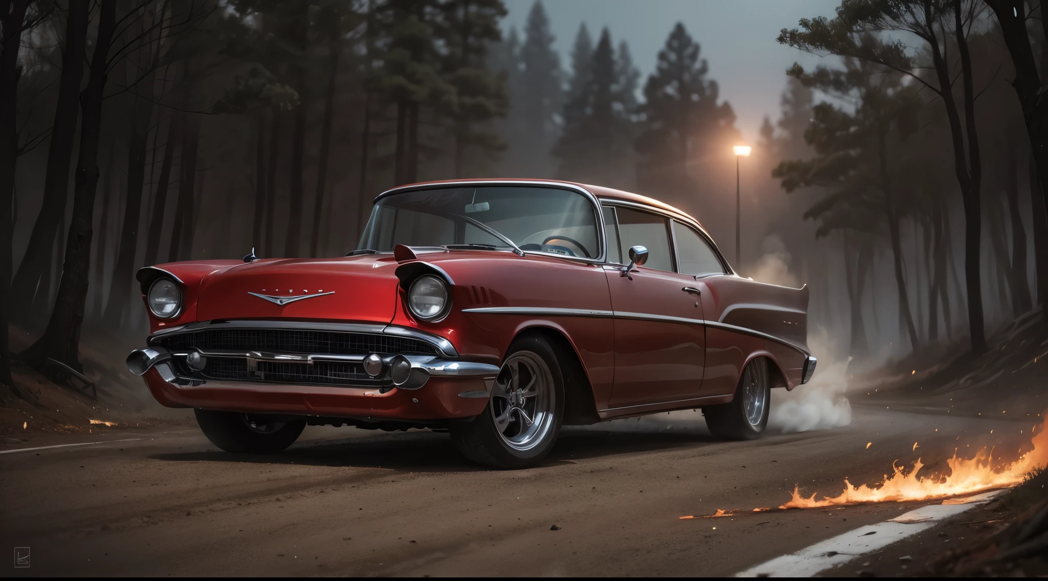 zoom view Generate a cinematic and realistic scene featuring a obra-prima, melhor qualidade um Red Chevy 57 com faróis acesos, um carro with lots of steam in little dark setting with foggy weather in the forest with dead trees