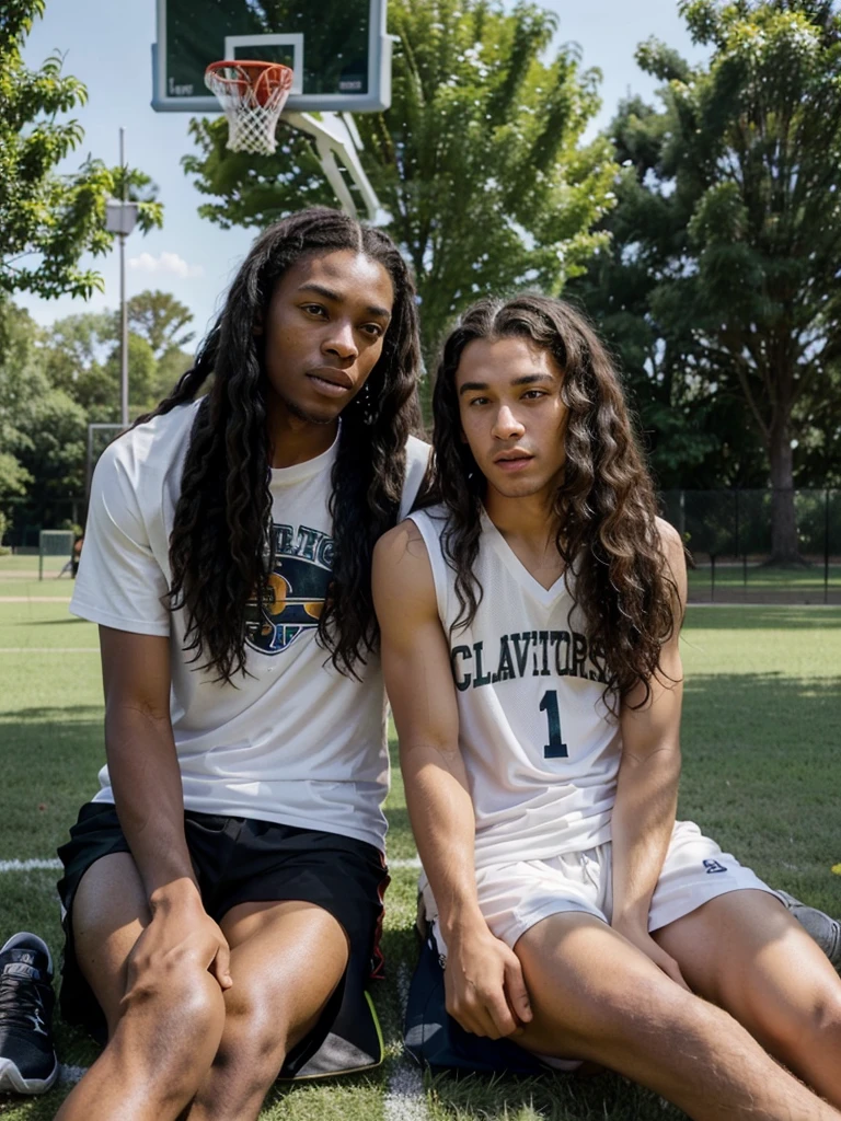 Two guys sitting opposite each other. One of them is African American, with black long hair. other white, with curly hair and freckles. They are talking, Sitting on the grass. There's a basketball court next to them., where are the agers playing?.