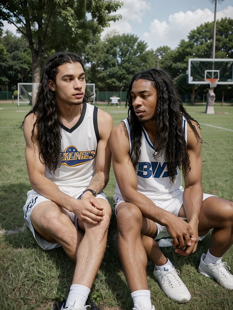 Two guys sitting opposite each other. One of them is African American, with black long hair. other white, with curly hair and freckles. They are talking, Sitting on the grass. There's a basketball court next to them., where are the teenagers playing?.