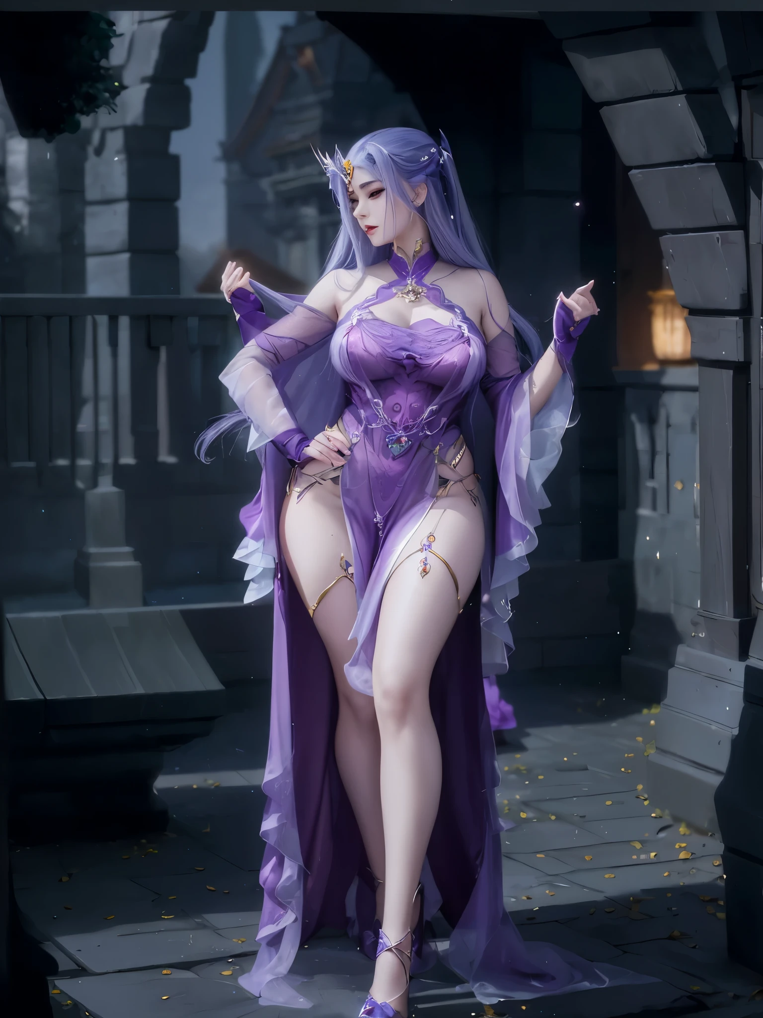 ((Quinella_Admin)),((thicc)),((wide hips)),((wide waist 1.0)),((Elf)),((best quality)), ((masterpiece)), (detailed),((large prominent breasts))masterpiece, ultra HD, realistic masterpiece, blurred background, relaxed poses, full lips, perfect hands, perfect eyes, perfect face, perfect details, sharp focus, voluptuous,(purple hair, purple eyes)