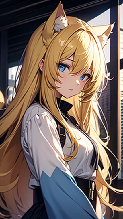 girl , long hair, blue eyes, yellow hair , cat ears