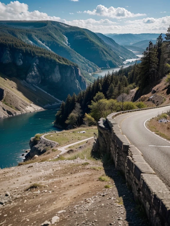 ultra realistic portrait of a highway view at the edge of a cliff, behind which you can see a blue lake, there are several trees and mountains as well as white clouds, blue sky, close up, realistic shooting. looks real, photography, real picture.
