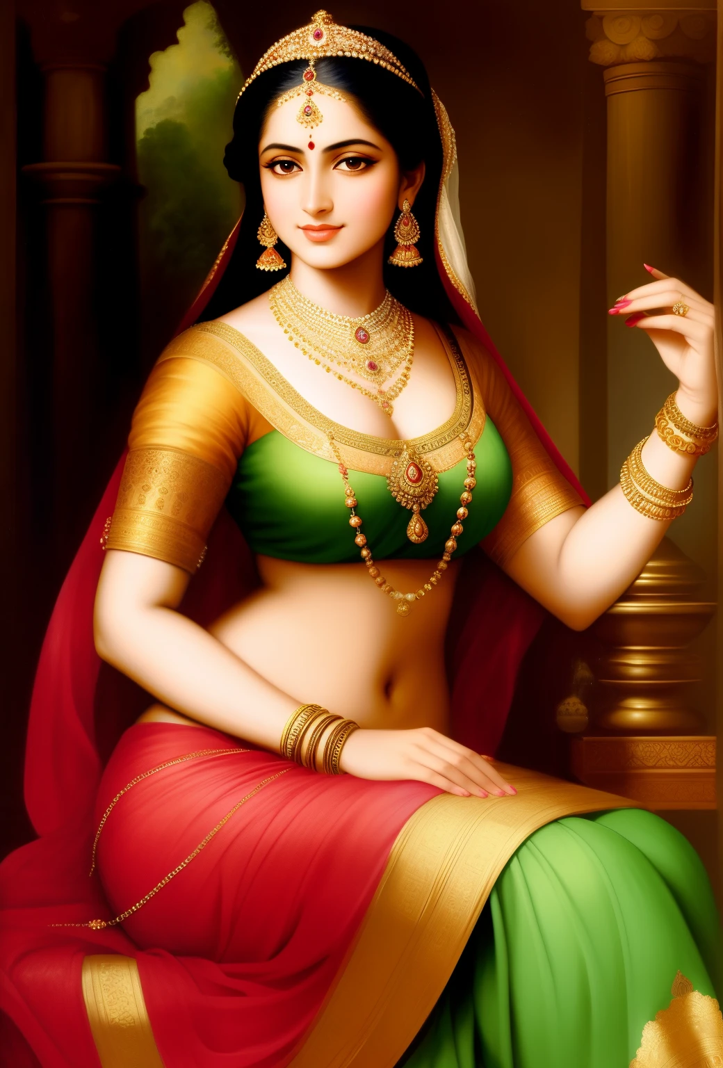 Indian style painting, 19th century art, Peter Paul Rubens style, painting of a woman in a gold dress and a necklace, beautiful maiden, portrait of a beautiful goddess, inspired by Raja Ravi Varma, beautiful goddess, indian goddess, gorgeous woman, beautiful character painting, fantasy woman, a stunning portrait of a goddess, persian princess, goddess. extremely high detail, persian queen, a beautiful woman warrior, beautiful fantasy maiden