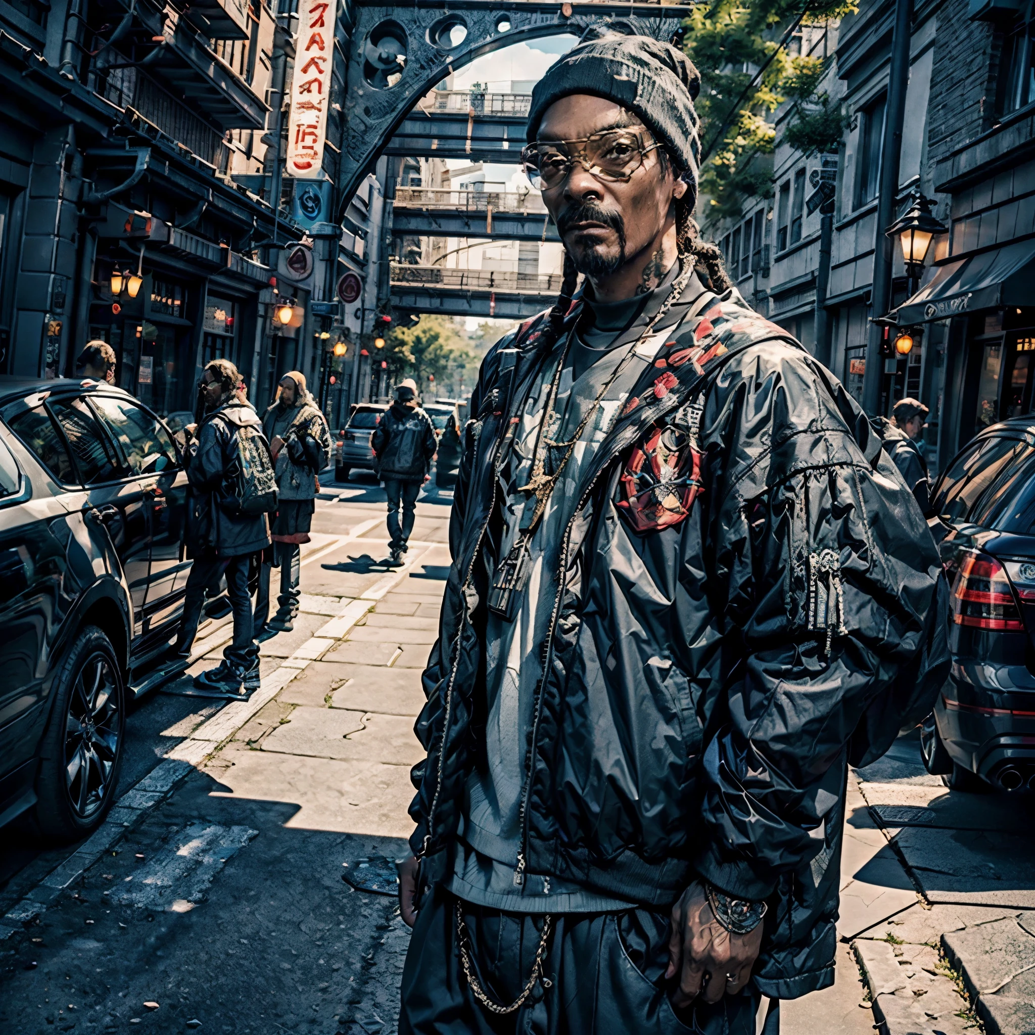 Snoop Dogg, Dreads epic eyes looking a viewer, white cap,black leather jacket,sun safety glasses, Posing, exteriors, portrait photography, ultradetailed, Will-o'-the-wisp dazzling Symmetrical optimal sunLight meticulously intricate ultra_high-details ultra_high-res hyper pro-Photo-realistic ultra_high-quality ultra_high-def UHD XT3 DSLR HDR varied multi etc. --v 6 --s 1000 --c 20 --q 20 --chaos 100