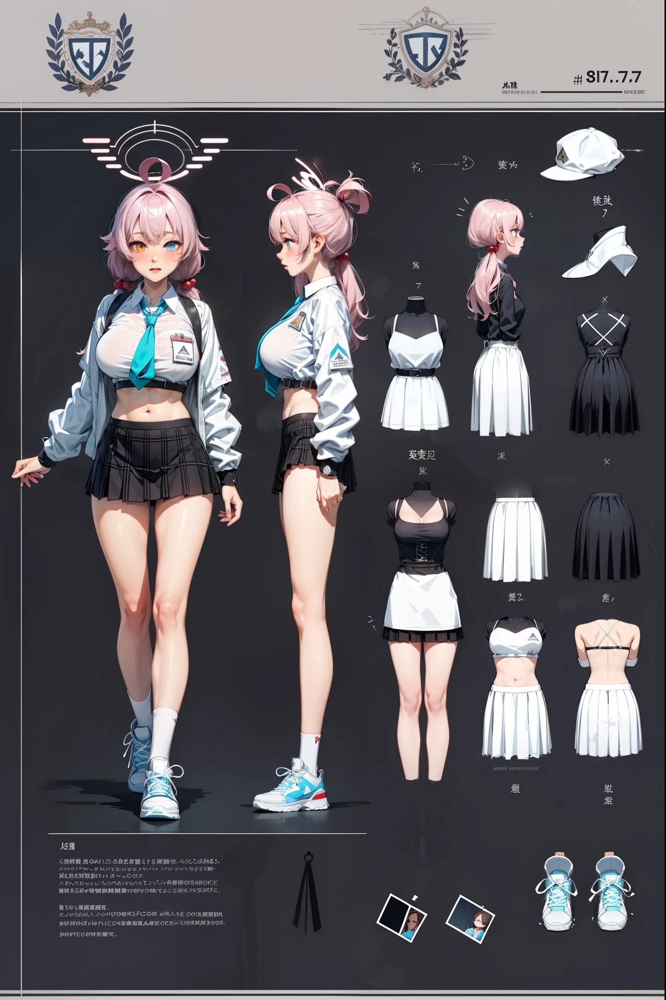 girl, solo, full body, from head to toe, standing, (Huge_Breasts:1.3), beautiful body, perfect body, nice body,
((Character Design Sheet:1.7, character reference sheet:1.7,)),
hoshino, white shirt, pleated skirt, bikini, blue jacket, hair bobbles, low twintails