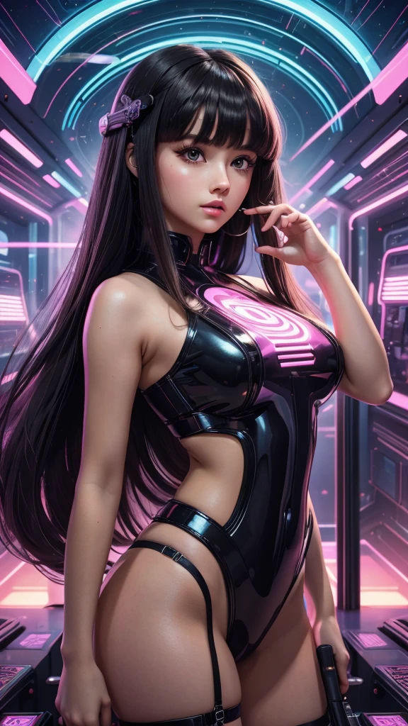 Masterpiece, Top Quality, Super Detail, 8K, 1girl, blunt bangs, long hair, vaportrap, retro-futurism background, 