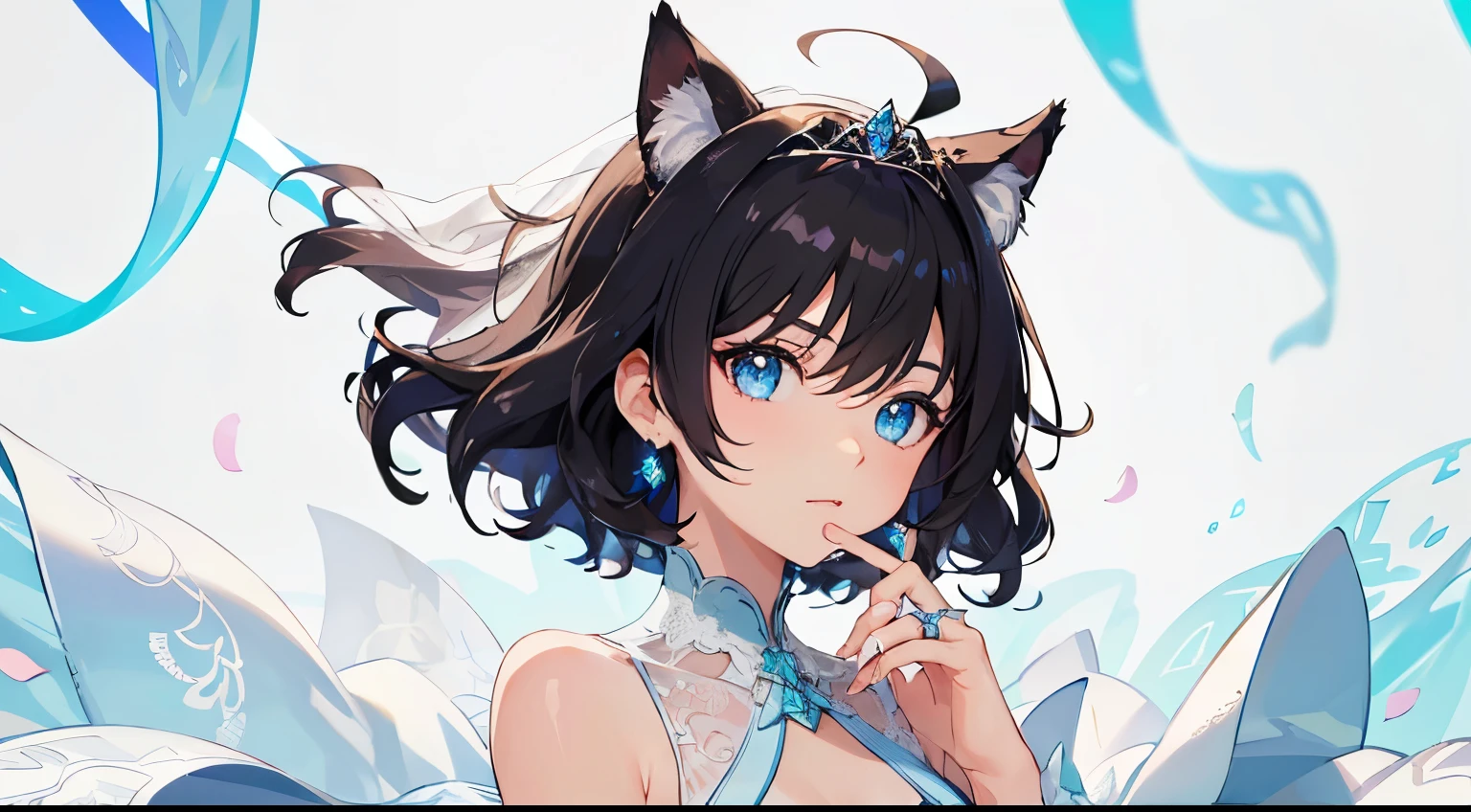((最好质量))、((шедевр))、((ultra-definition))、(illutst)、(Fine light)、(Extremely delicate and beautiful)、(((独奏)))、a 1 girl、(((a beautifulchi girl) )))、((Best Quality, High_resolution, Distinct_image)),(Black hair), (Black cat ears), (Ahoge), (absurdly short hair), (Wavy hair), (Blue Eyes),Fashionable background、weddingdress、Wearing a tiara、Wearing a ring on the ring finger of his left hand、