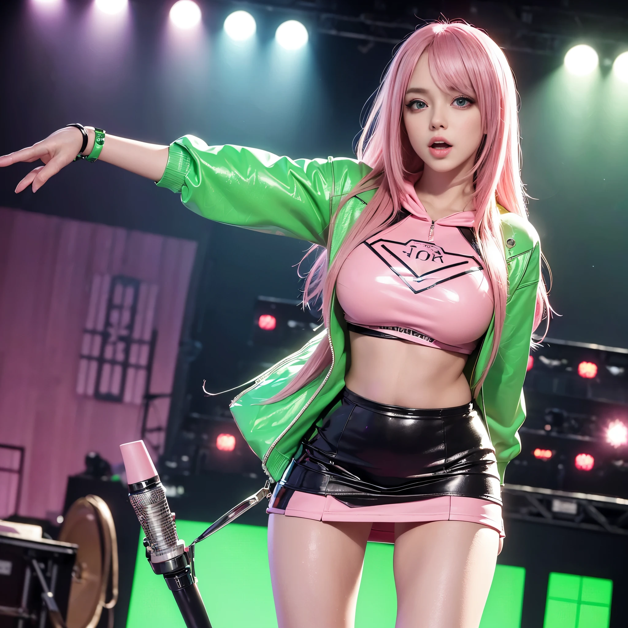 (best quality,4k,8k,highres,masterpiece:1.2),ultra-detailed,(realistic,photorealistic,photo-realistic:1.37),pink-haired girl,green-eyed,latex miniskirt,shiny latex miniskirt, vibrant hoodie,girl singing on a stage,detailed eyes and face,vivid colors,stage lights