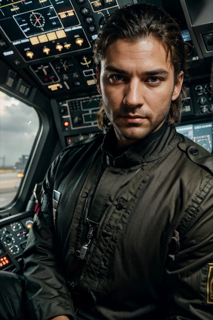 (best quality,highres),man in a military uniform,closeup portrait shot,intense look,realistic,sharp focus,detailed eyes,detailed lips,confident expression,strong jawline,perfectly groomed beard,faint smile,sitting in a plane,cockpit environment,military insignia on the uniform,equipment and gadgets on the control panel,well-lit cabin,professional studio lighting,muted color tones,subtle shadows,stern expression in his eyes,meticulously styled hair,background of instrument panels and screens,high-resolution details of buttons and switches,ultra-detailed rendering of aircraft interior,professional bokeh effect