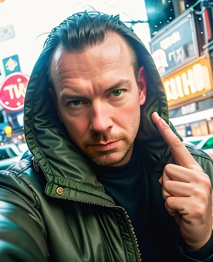 Close up of a face of a man in a green jacket, showing two fingers pretending it's a gun by his head, ((bold)), NY 70's, rainy night, dark big city, neon lights, taxi driver movie color palette, city underground vibe, lost look, (unhappy), no future, (skinhead) , numb eyes, bom, 8k selfie photograph, patryk hardziej, aphex twin, Michael Gira