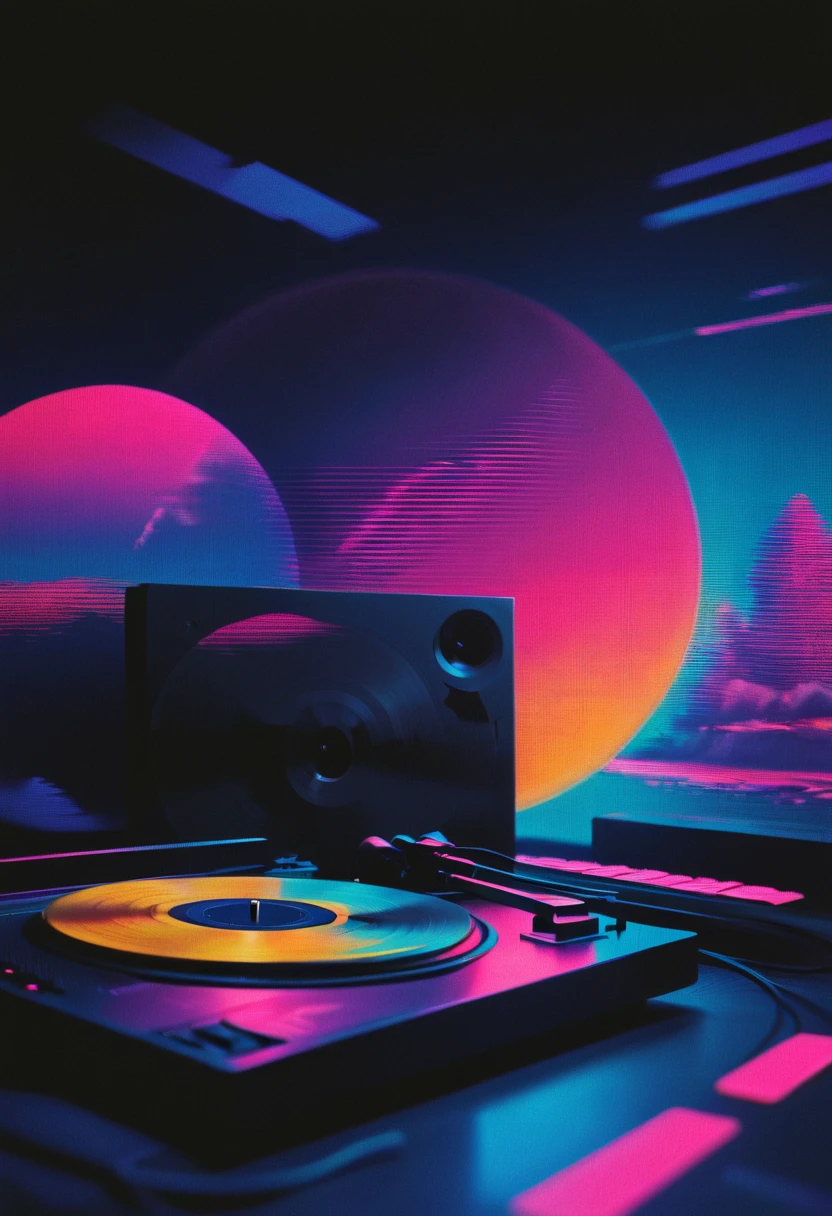 vinyl records,Vaporwave Aesthetic style, synthwave,