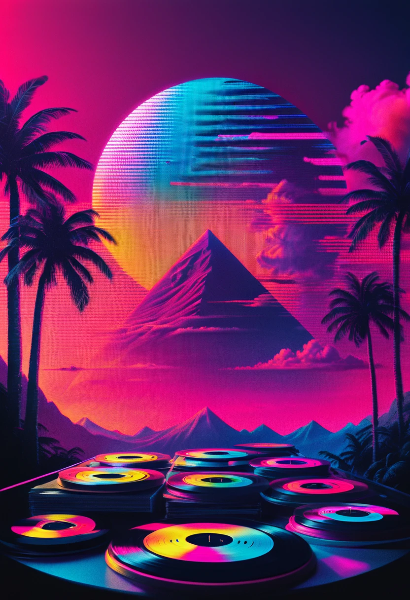 vinyl records,Vaporwave Aesthetic style, synthwave,